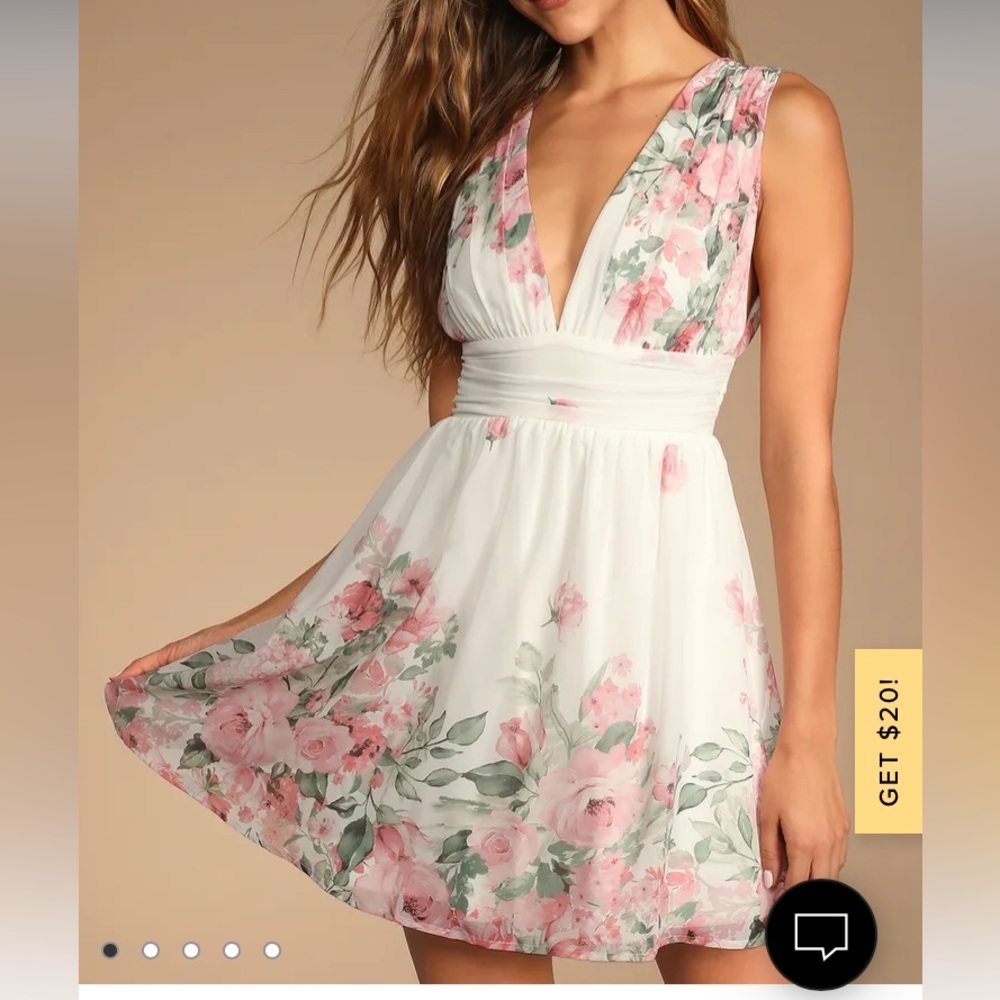 White with pink floral pattern v neck lulus dress NWT